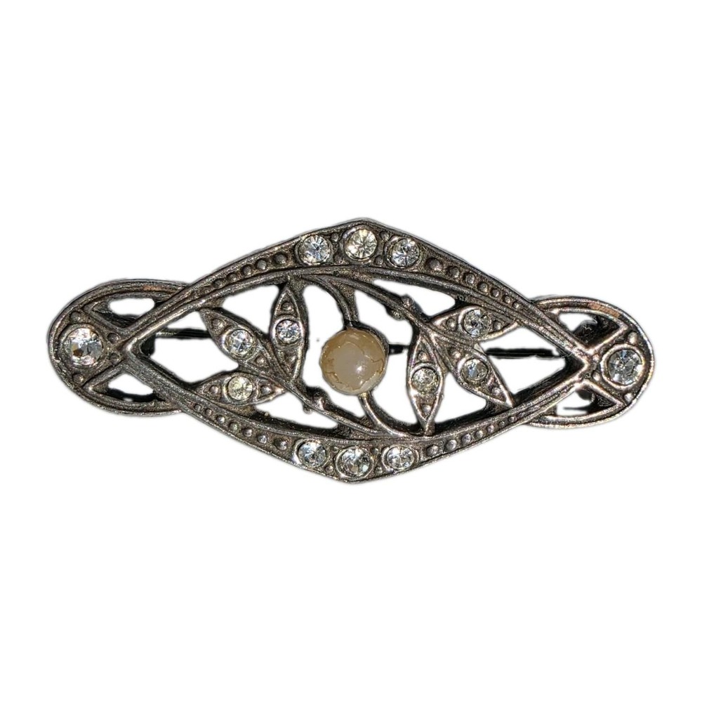 Vintage 925 Sterling Silver Art Deco Brooch Clear Rhinestones Faux Pearl 4g